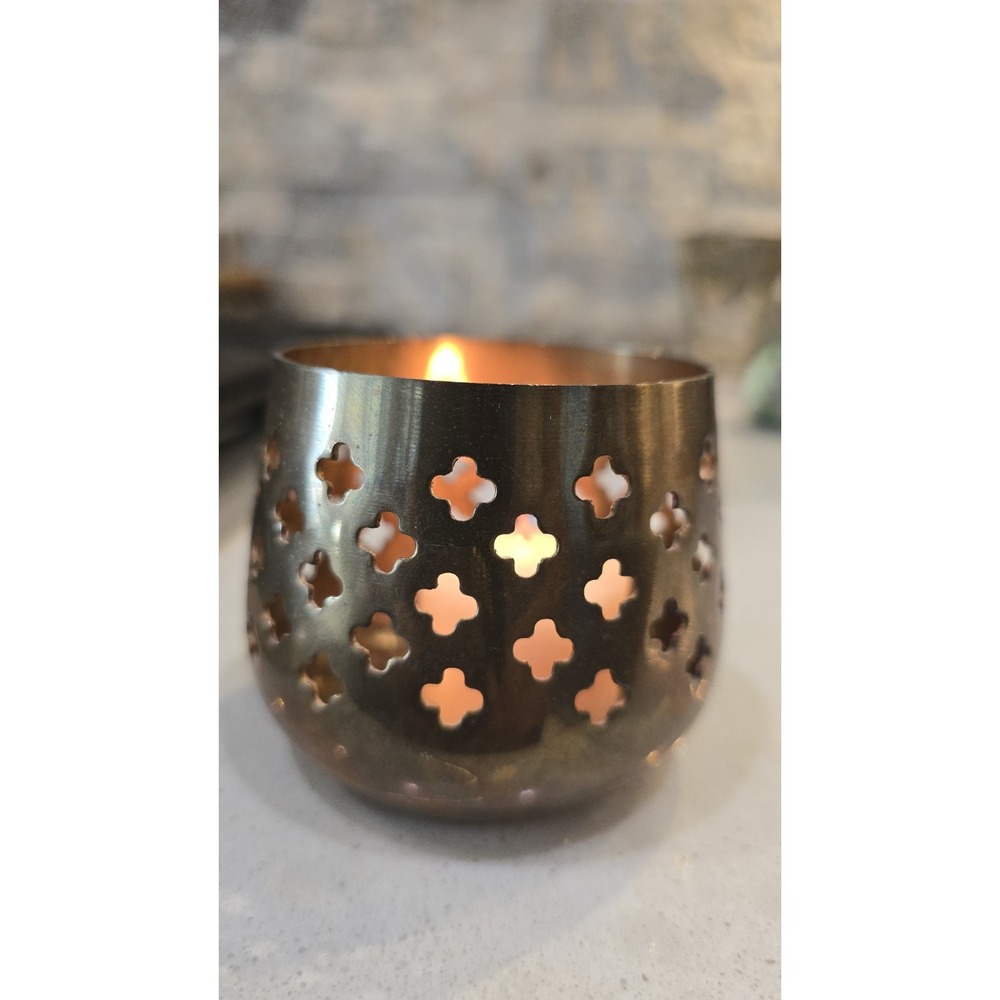 VTG Boho Cottagecore Brass‎ Votive Candle Holder Pierced Quatrefoil Design SZ S